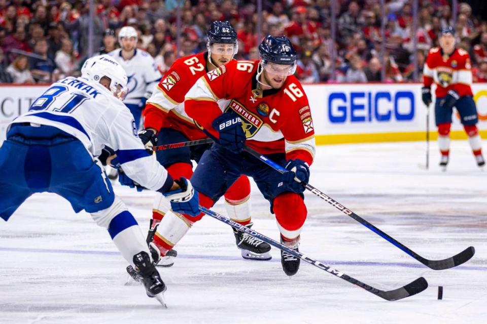 Florida Panthers center Aleksander Barkov (16) controls the puck on a fast break while guarded by Tampa bay Lightning defender Erik Cernak (81) during the second period of an NHL game at FLA Live Arena in Sunrise, Florida, on Friday, October 21, 2022. Daniel A. Varela/dvarela@miamiherald.com