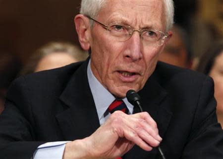 Stanley Fischer, the former chief of the Bank of Israel, testifies before the Senate Banking Committee confirmation hearing on his nomination to be a member and vice chairman of the Federal Reserve Board of Governors on Capitol Hill in Washington March 13, 2014. REUTERS/Yuri Gripas