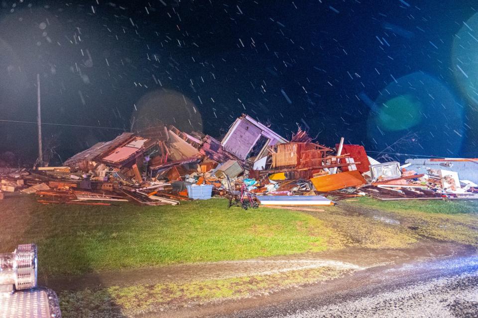 The aftermath of a tornado in Sussex County on Saturday, April 1, 2023.