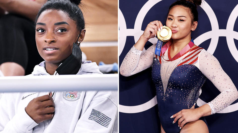 Simone Biles, pictured here watching on as Suni Lee claimed gold at the Olympics.