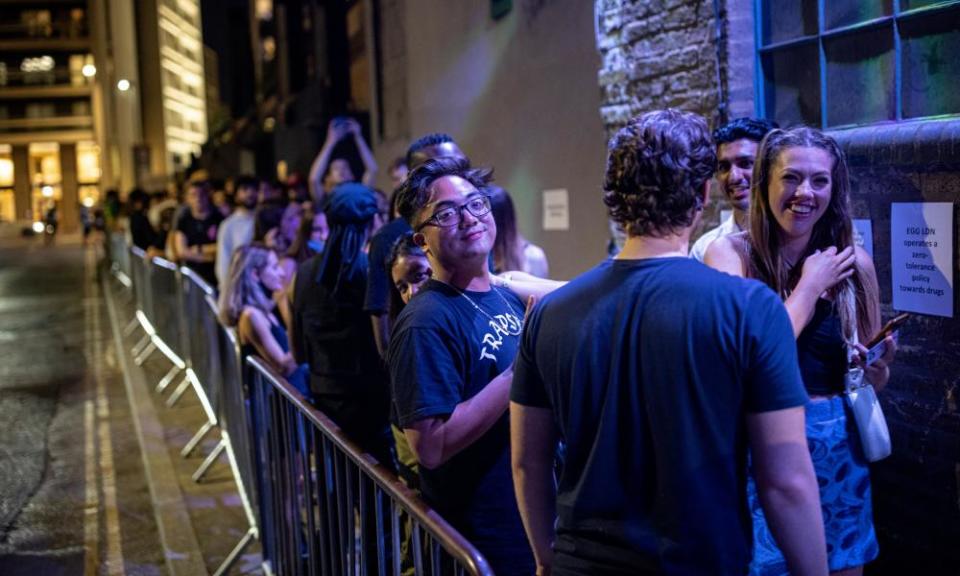 Young adults in the queue at Egg London in the early hours of 19 July, the day nightclubs were finally allowed to reopen