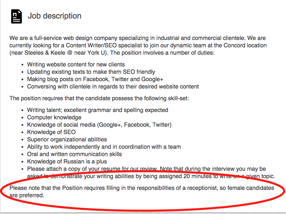 sexist job posting description