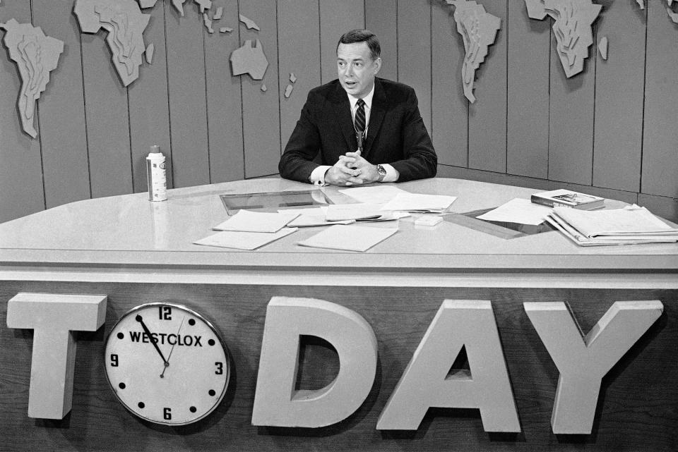 FILE - In this March 10, 1966 file photo, Hugh Downs hosts the "Today"show on NBC. Downs, a genial and near-constant presence on television from the 1950s through the 1990s, has died. His family said Downs died of natural causes Wednesday, July 1, 2020, in Scottsdale, Ariz. He was 99. Downs was a host of the "Today" show on NBC, worked on the "Tonight" show when Jack Paar was in charge, and hosted the long-running game show "Concentration." (AP Photo/Jack Kanthal, File)