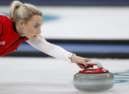 Curling - Pyeongchang 2018 Winter Olympics - Women's Bronze Medal Match - Britain v Japan - Gangneung Curling Center - Gangneung, South Korea - February 24, 2018 - Vice-skip Anna Sloan of Britain delivers the stone. REUTERS/John Sibley