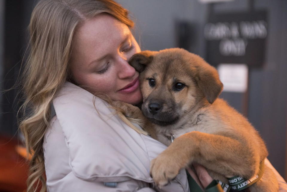 <p>Twenty-three dogs rescued by Humane Society International from a dog meat farm in Ilsan, South Korea, arrive in Washington, DC, on Jan. 5 and 6, 2015. HSI worked with the farmer to remove the dogs from miserable conditions and close the doors of his facility for good. As part of the plan, HSI secured an agreement with him to stop raising dogs for food and move permanently to growing crops as a more humane way to make a living. HSI, the international affiliate of The Humane Society of the United States, is working to reduce the dog meat trade in Asia, including South Korea, where dogs are farmed for the industry. HSI plans to work with more South Korean dog meat farmers to help them transition out of this cruel business. In this image, HSI animal rescue responder Masha Kalinina holds a puppy at Dulles International Airport after his long flight from South Korea. (Kevin Wolf/AP Images for Humane Society International) </p>