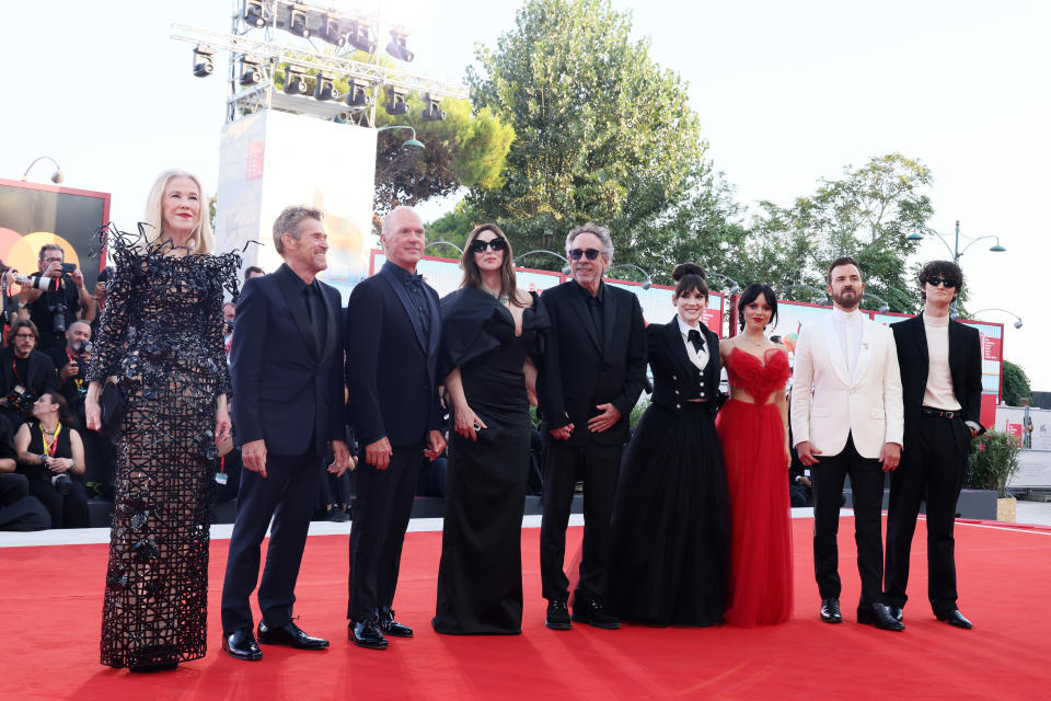 <p>(L-R) Catherine O'Hara, Willem Dafoe, Michael Keaton, Monica Belluci, Tim Burton, Winona Ryder, Jenna Ortega, Justin Theroux and Arthur Conti attend a red carpet for Beetlejuice Beetlejuice during the 81st Venice International Film Festival. Ernesto Ruscio/Getty Images)</p>
