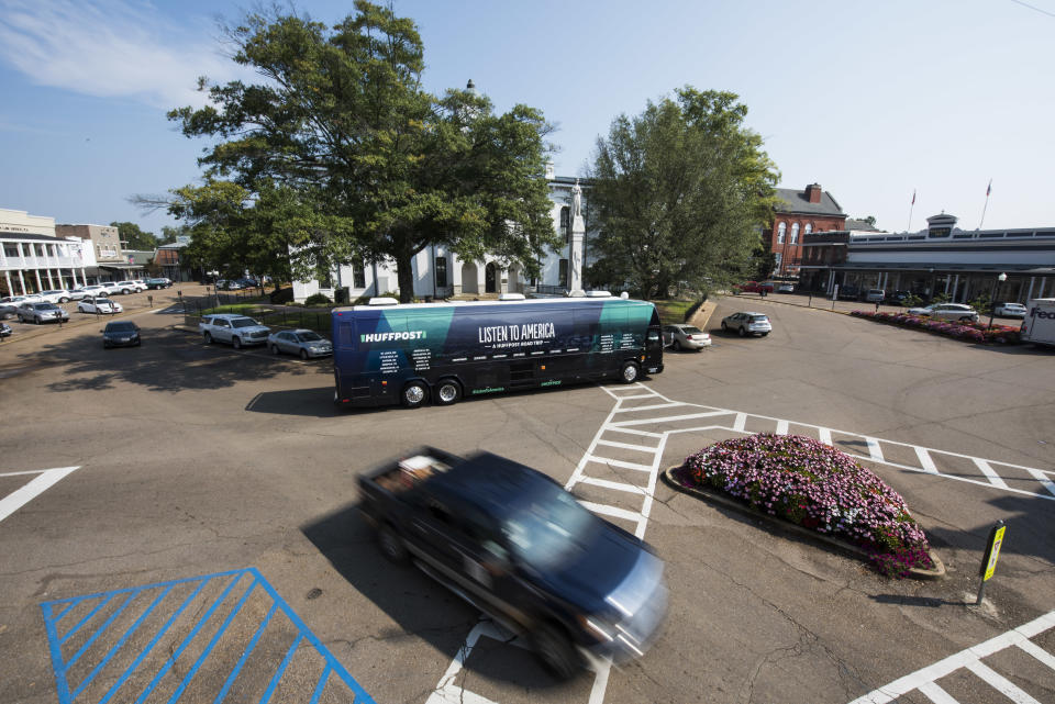 The HuffPost Tour bus pulls up in front of the Lafayette County Courthouse on it's visit to Oxford, Mississippi.