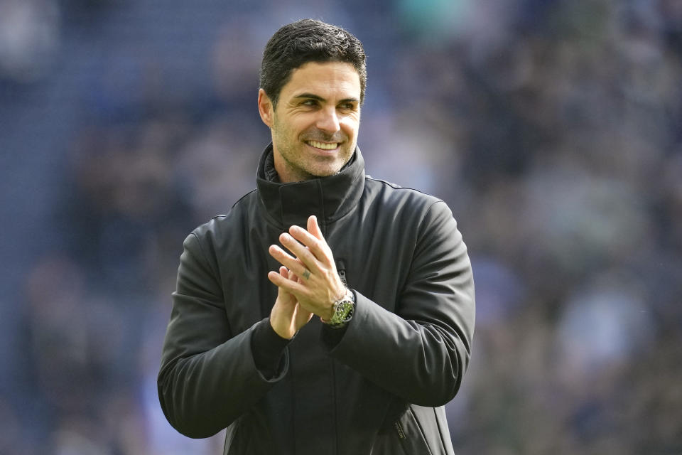 Arsenal's manager Mikel Arteta celebrates at the end of the English Premier League soccer match between Tottenham Hotspur and Arsenal at the Tottenham Hotspur Stadium in London, England, Sunday, April 28, 2024. (AP Photo/Kin Cheung)