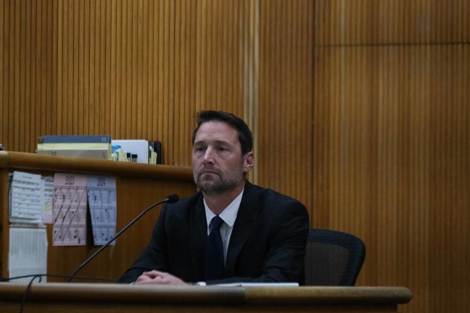 San Luis Obispo Police Department Detective Jeffrey Coznek testifies at the preliminary hearing against Daniel Saligan Patricio at San Luis Obispo Superior Court on Nov. 14, 2023. Saligan Patricio is charged with two counts of vehicular manslaughter for the killings of Jennifer Besser and Matthew Chachere on Nov. 21, 2022.