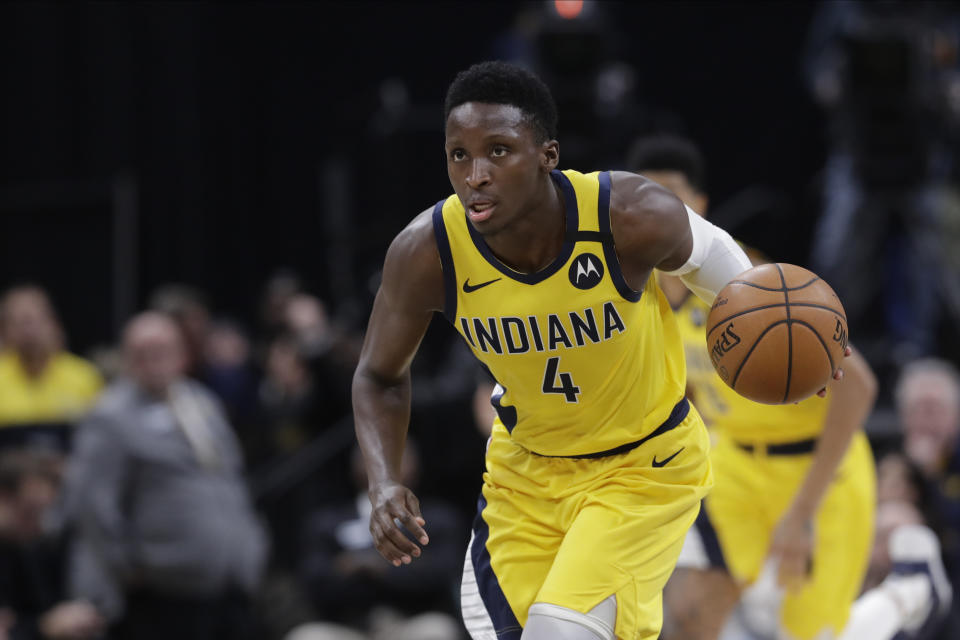 Though he hasn’t committed to playing, Victor Oladipo continues to sound like he’s on the right track to joining the Indiana Pacers' lineup in Orlando. (AP/Darron Cummings)