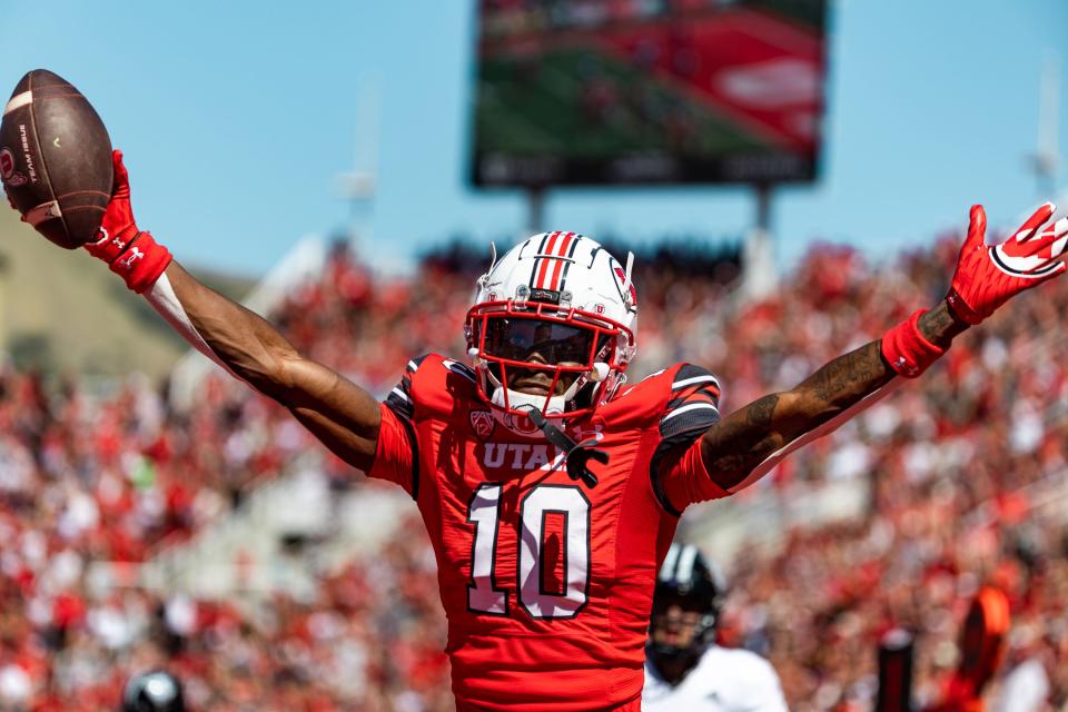 Utah Utes wide receiver Money Parks (10) celebrates his touchdown during the second quarter in the football game against the Weber State Wildcats at Rice-Eccles Stadium in Salt Lake City on Saturday, Sept. 16, 2023. | Megan Nielsen, Deseret News