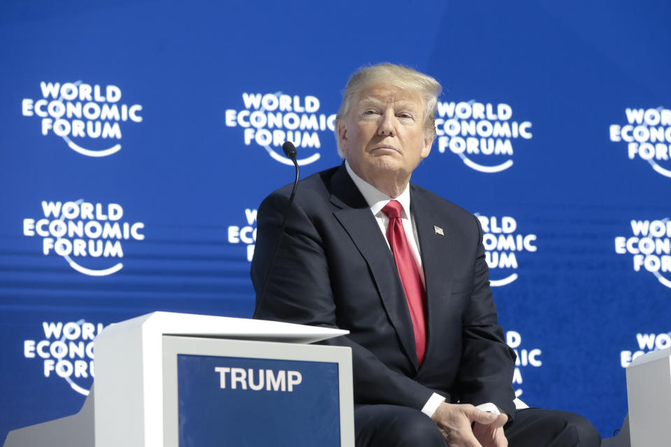 President Donald Trump looks on ahead of a special address on the closing day of the World Economic Forum in Davos, Switzerland, on Friday, Jan. 26, 2018. (Getty)