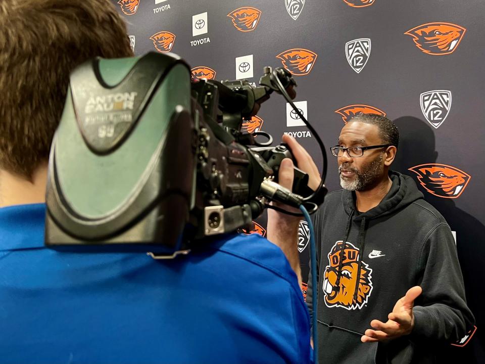 Kefense Hynson, interim head football coach at Oregon State, talks with reporters after practice on Thursday, Nov. 30, 2023, in Corvallis, Ore.