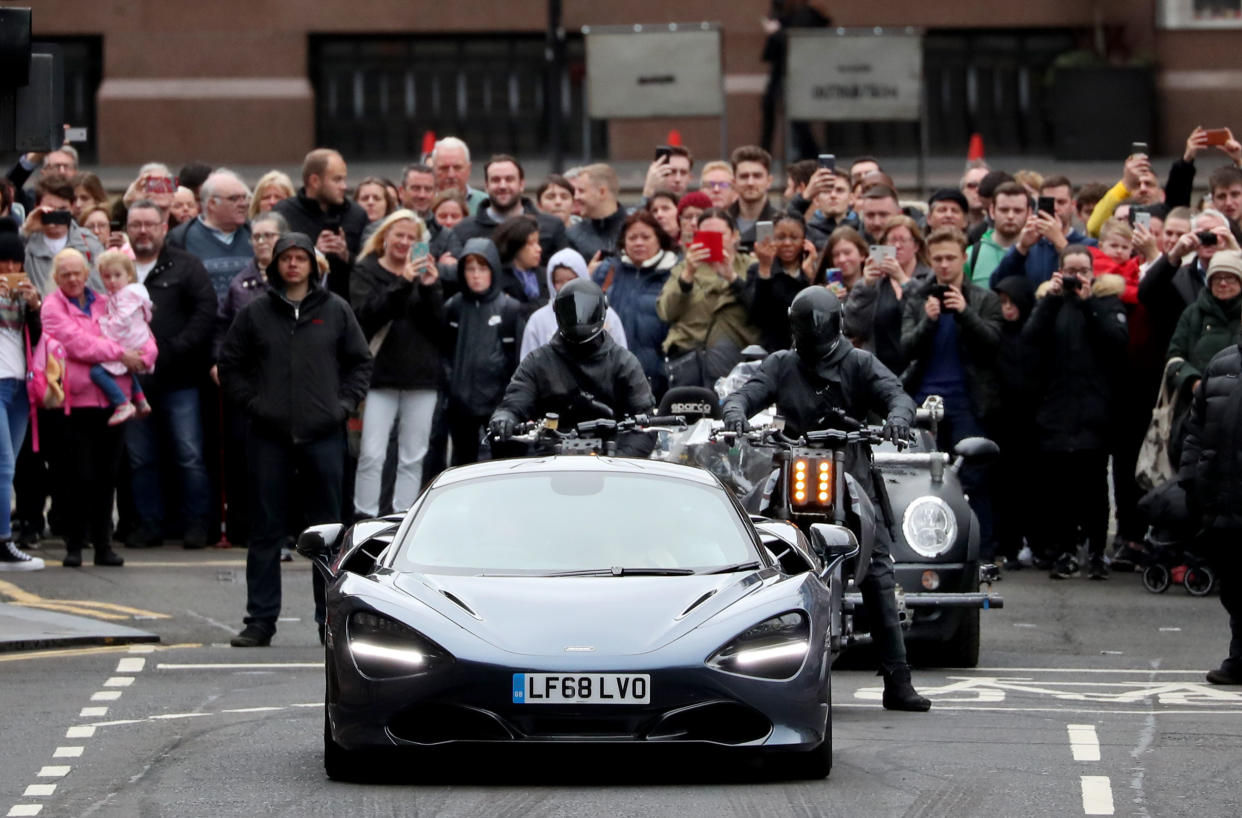 Filming for a car chase scene involving a McLaren sports car and motorbikes takes place in Glasgow city centre, for a new Fast and Furious franchise movie. (Photo by Jane Barlow/PA Images via Getty Images)