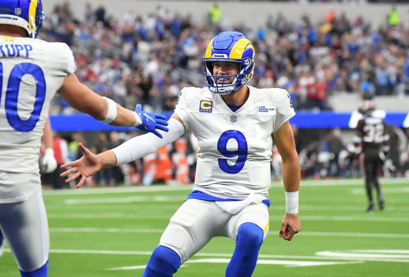 Inglewood, CA. September 26, 2021: Rams quarterback Matthew Stafford celebrates his touchdown pass.