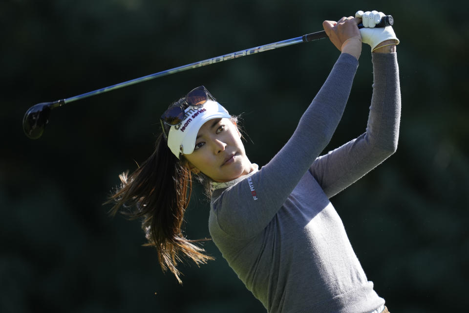 Alison Lee of the United States watches her tee shot during the second round of the BMW Ladies Championship at the Seowon Hills Country Club in Paju, South Korea, Friday, Oct. 20, 2023. (AP Photo/Lee Jin-man)