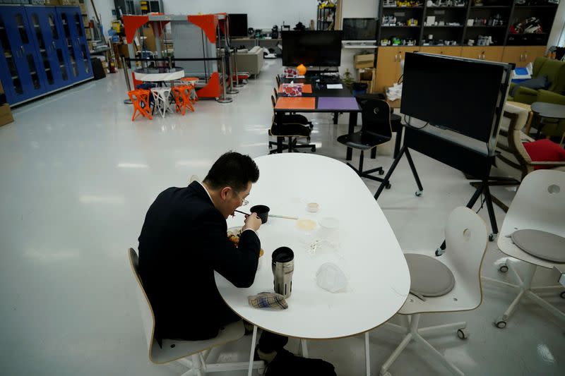 A professor of Pusan National University Park Hyun who used to be a coronavirus patient, eats lunch while keeping social distancing at Pusan National University in Busan