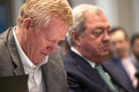 Alex Murdaugh cries while watching a video clip on his son Paul's phone during his double murder trial at the Colleton County Courthouse in Walterboro, S.C., Wednesday, Feb. 1, 2023. (Andrew J. Whitaker/The Post And Courier via AP, Pool)