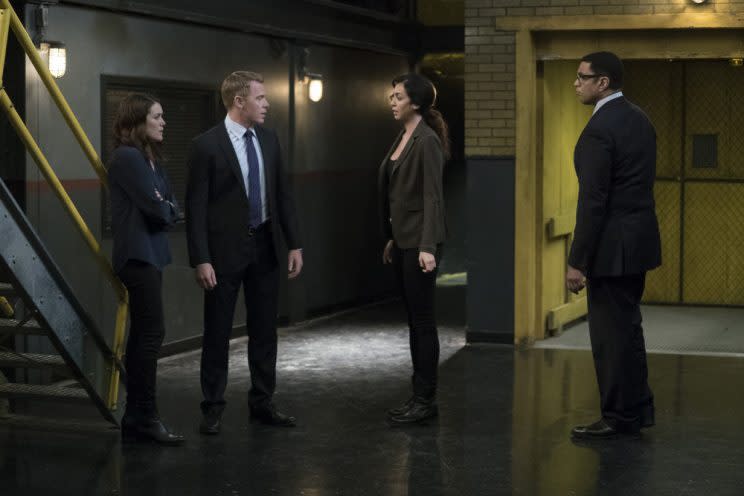 Megan Boone as Elizabeth Keen, Diego Klattenhoff as Donald Ressler, Marno, Harry Lennix as Harold Cooper (Credit: Virginia Sherwood/NBC)