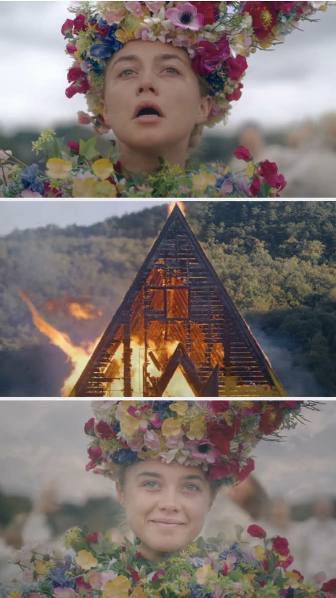 Dani sobbing as the wooden temple is burned down and then smiling on "Midsommar"