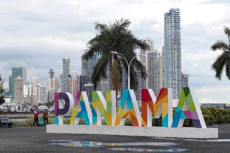 FILE PHOTO: Panama sign is seen at a photographic parador with the skyline of the city in the background, in Panama City