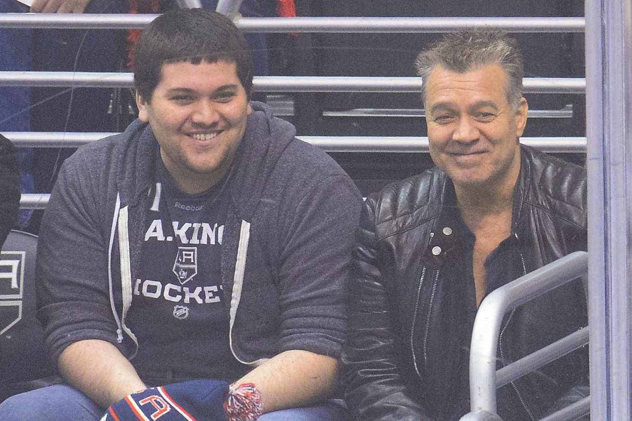 <p>Noel Vasquez/GC Images</p> Wolfgang Van Halen and Eddie Van Halen in Los Angeles in March 2014