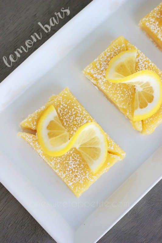<p>One Sweet Appetite</p><p>These perfect Lemon Bars have just the right amount of citrus flavor with a buttery crust! </p><p><strong>Get the recipe: <a href="https://onesweetappetite.com/lemon-bars/" rel="nofollow noopener" target="_blank" data-ylk="slk:Lemon Bars;elm:context_link;itc:0;sec:content-canvas" class="link ">Lemon Bars</a></strong></p>