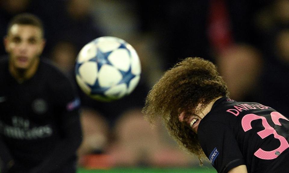 Paris Saint-Germain’s David Luiz heads the ball