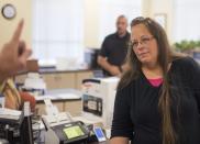 <p>Kim Davis, a former county clerk in Kentucky, garners national attention when she refused to issue a marriage license to Robbie Blankenship and Jesse Cruz on the grounds of religious objection. Davis was sued by the couples she denied rightful marriage licenses to, and in 2017 a court ruled that the state of Kentucky would be responsible for the legal fees of the plaintiffs, a total of $224,000 <a href="https://www.usatoday.com/story/news/nation/2019/08/23/kim-davis-same-sex-marriage-suit-court-rules-kentucky-must-pay-fees/2101785001/" rel="nofollow noopener" target="_blank" data-ylk="slk:according to;elm:context_link;itc:0;sec:content-canvas" class="link ">according to </a><em><a href="https://www.usatoday.com/story/news/nation/2019/08/23/kim-davis-same-sex-marriage-suit-court-rules-kentucky-must-pay-fees/2101785001/" rel="nofollow noopener" target="_blank" data-ylk="slk:USA Today;elm:context_link;itc:0;sec:content-canvas" class="link ">USA Today</a>.</em></p>