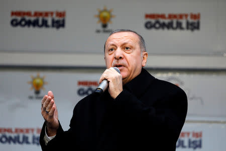 Turkish President Tayyip Erdogan addresses his supporters during a rally for the upcoming local elections in Istanbul, Turkey, February 16, 2019. REUTERS/Umit Bektas