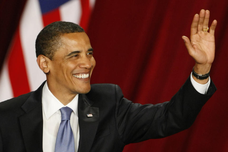 President Barack Obama waves at the audience, as he arrives to speak at the Cairo University in Cairo, Egypt Thursday, June 4, 2009. Speaking in the ancient seat of Islamic learning and culture, and quoting from the Quran for emphasis, President Obama called for a "new beginning between the United States and Muslims", and said together, they could confront violent extremism across the globe and advance the timeless search for peace in the Middle East. "This cycle of suspicion and discord must end," Obama said in the widely anticipated speech in one of the world's largest Muslim countries, an address designed to reframe relations after the terrorist attacks of Sept. 11, 2001, and the U.S.-led war in Iraq. (AP Photo/Ben Curtis)