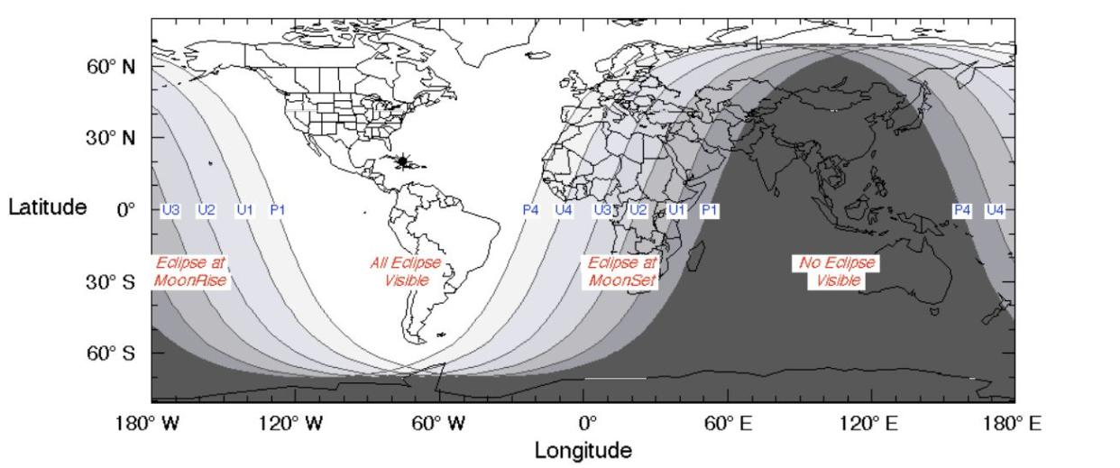 A NASA map shows the regions of the world where the total lunar eclipse of Jan. 20 to 21 was visible.
