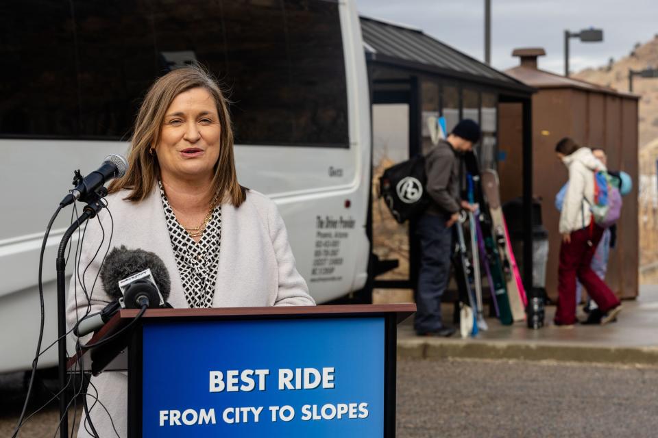 Salt Lake County Mayor Jenny Wilson speaks at a press conference announcing the return of the Cottonwood Connect ski shuttle for the 2023-24 season at the Utah Transit Authority Holladay Park and Ride lot in Holladay on Tuesday, Dec. 19, 2023. | Megan Nielsen, Deseret News