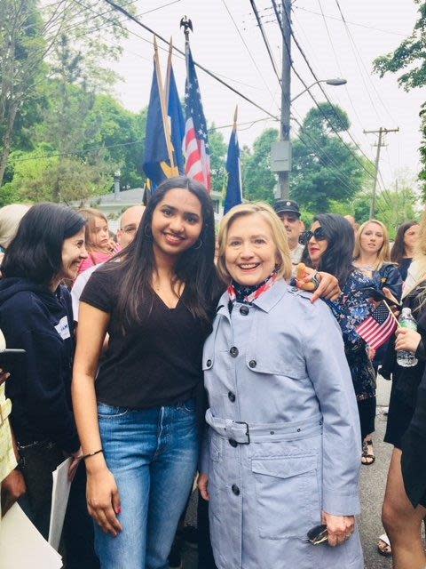 Sanjana Ramaswamy, a Horace Greeley Hill School graduate, talks to Hillary Clinton about her college plans in 2018.