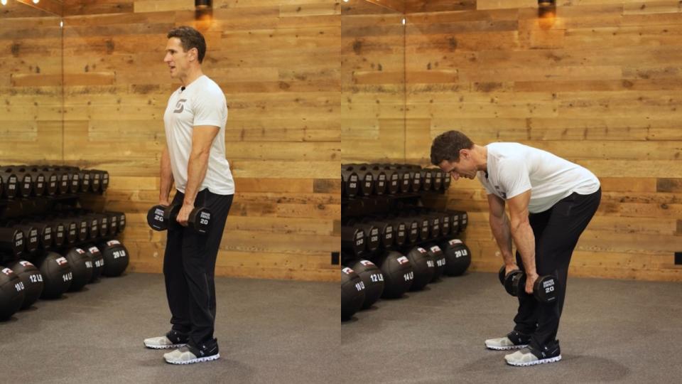 Don Saladino demonstrates two positions of the Romanian deadlift with dumbbells