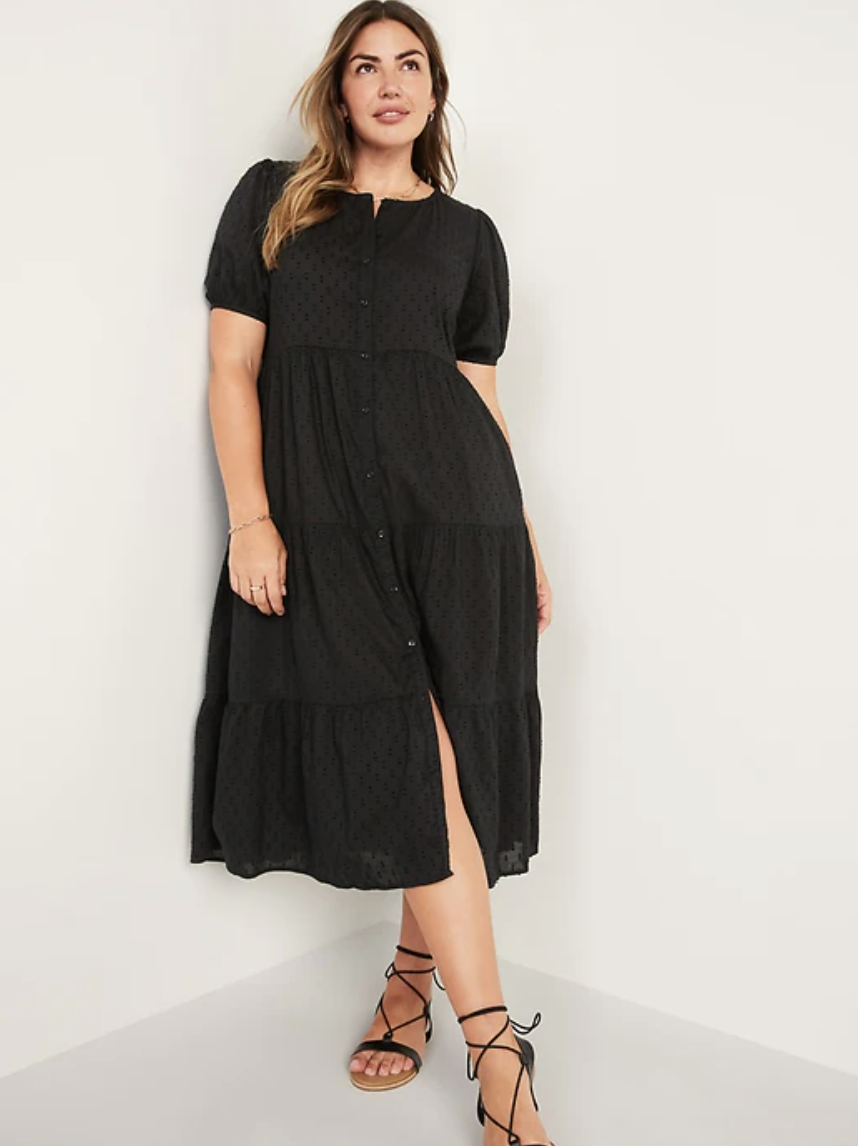 Puff-Sleeve Clip-Dot Button-Front Midi Swing Dress (Photo via Old Navy)