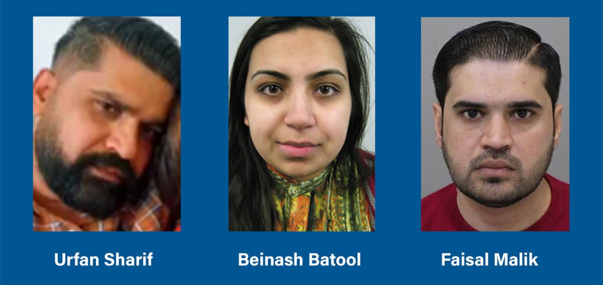 Urfan Sharif, Beinash Batool and Faisal Malik left the UK before the body was found (Surrey Police)