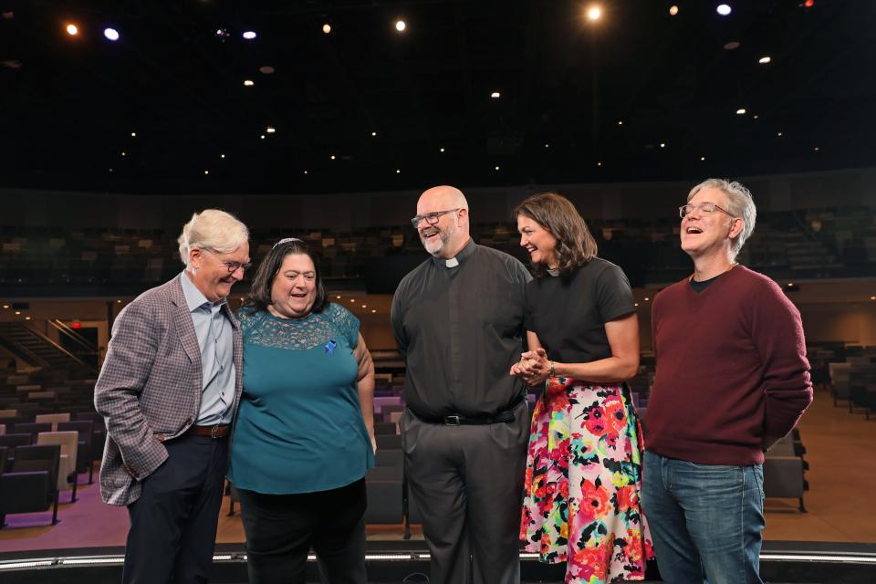 The Rev. Marty Grubbs, Rabbi Abby Jacobson, the Rev. David Wheeler, the Rev. Lori Walke and the Rev. Landon Whitsitt pose recently for a photo at Crossings Community Church in Oklahoma City.