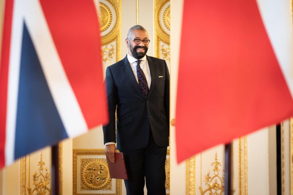 Foreign Secretary James Cleverly prepares to attend a press conference with Defence Secretary Ben Wallace, Polish Minister for Foreign Affairs, Zbigniew Rau and Polish Minister of National Defence, Mariusz Blaszczak at Lancaster House in London, 5 July (Stefan Rousseau/PA Wire)