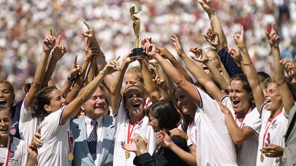 USWNT celebrates winning the 1999 Women's World Cup after beating China on penalties. - Harry How/Getty Images