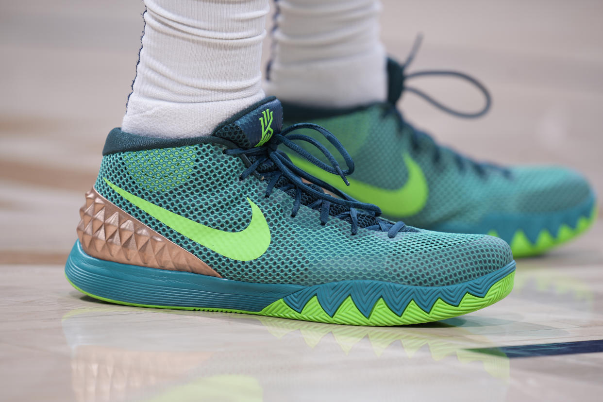 Minnesota Timberwolves guard Wendell Moore Jr. (7) wears a pair of Nike basketball shoes from the Kyrie Irving line in the second half of an NBA basketball game Tuesday, Feb. 7, 2023, in Denver. (AP Photo/David Zalubowski)