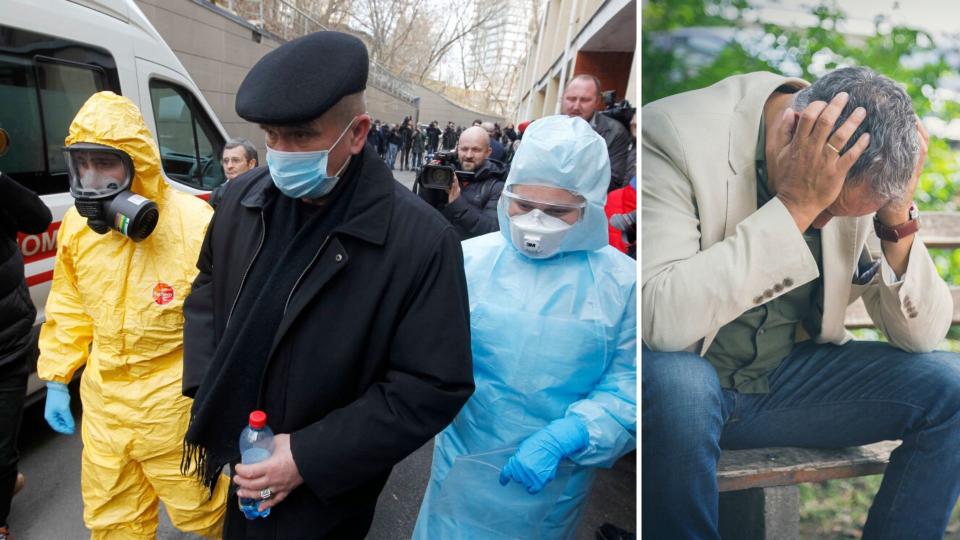 Medical workers testing coronavirus scenarios on the left and a man on a park bench with head in hands on the right.