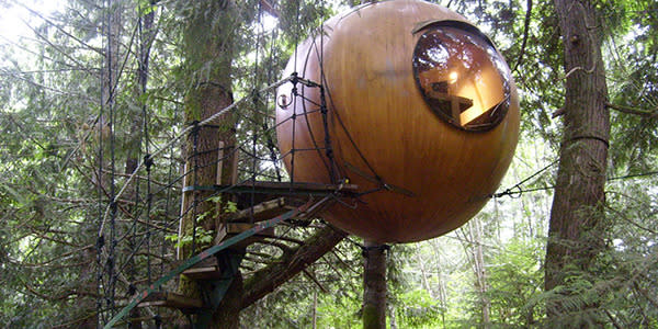 <b>Free Spirit Spheres, Canada</b> Set among the tall trees of the west coast rainforest of Vancouver Island, these handcrafted spheres are suspended like pendants from a web of rope. By nature the spheres are compact inside but you don’t have to give up the creature comforts with a ground level facilities block featuring a sauna, BBQ and showers.
