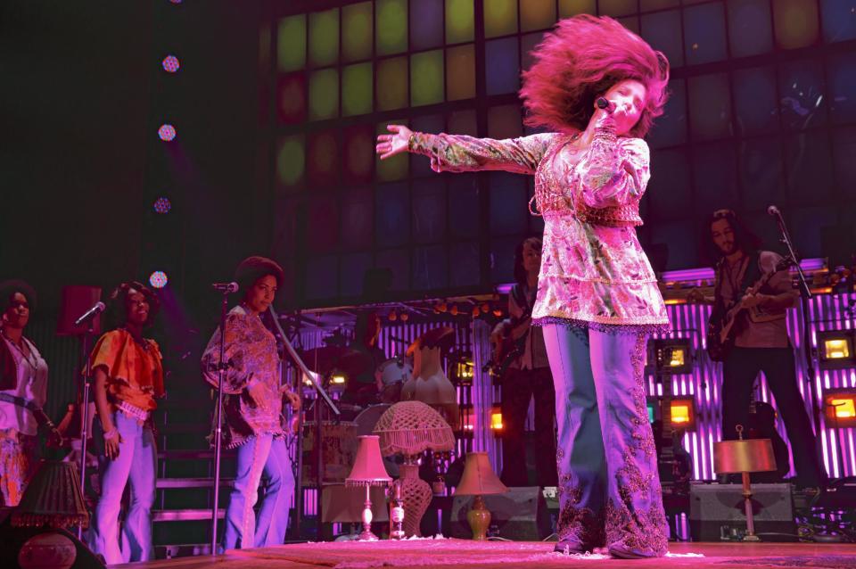 This theater image released by Boneau/Bryan-Brown shows Mary Bridget Davis performing in "A Night with Janis Joplin," at the Lyceum Theatre in New York. Davies and her "A Night With Janis Joplin," which opens Thursday, are part of a new wave of musicals featuring female singer-songwriters, a list that includes a Carole King musical making its way to Broadway. (AP Photo/Boneau/Bryan-Brown, Joan Marcus)