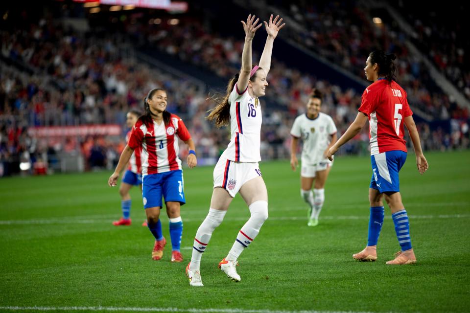 U.S. Women's National Team midfielder Rose Lavelle (16) celebrates after scoring the first goal during the first half of the international friendly match with Paraguay at TQL Stadium.