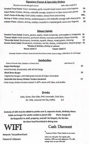 <p>Toccoa Riverside Restaurant</p> Toccoa Riverside Restaurant's menu has a warning for "adult surcharge"