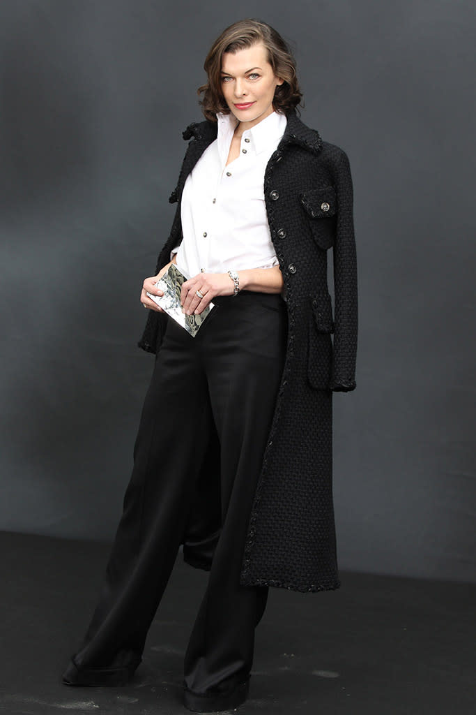 Also sporting a sophisticated outfit in the City of Light was "Resident Evil" star Milla Jovovich, who attended the Chanel fashion show in this masculine, black-and-white look, along with a military-inspired jacket. Effortlessly luxe, as expected. (3/5/2013)