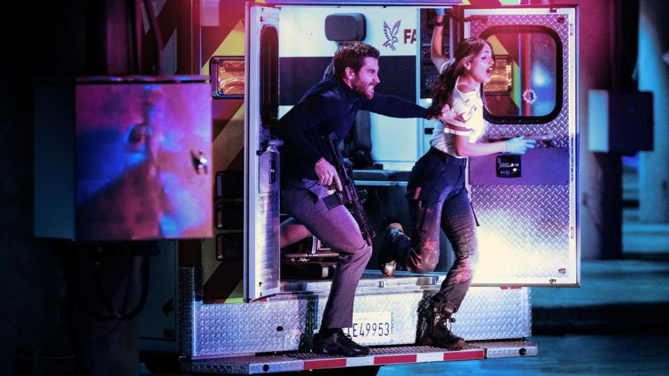 Jake Gyllenhaal and Eiza González in 'Ambulance'. (Universal)