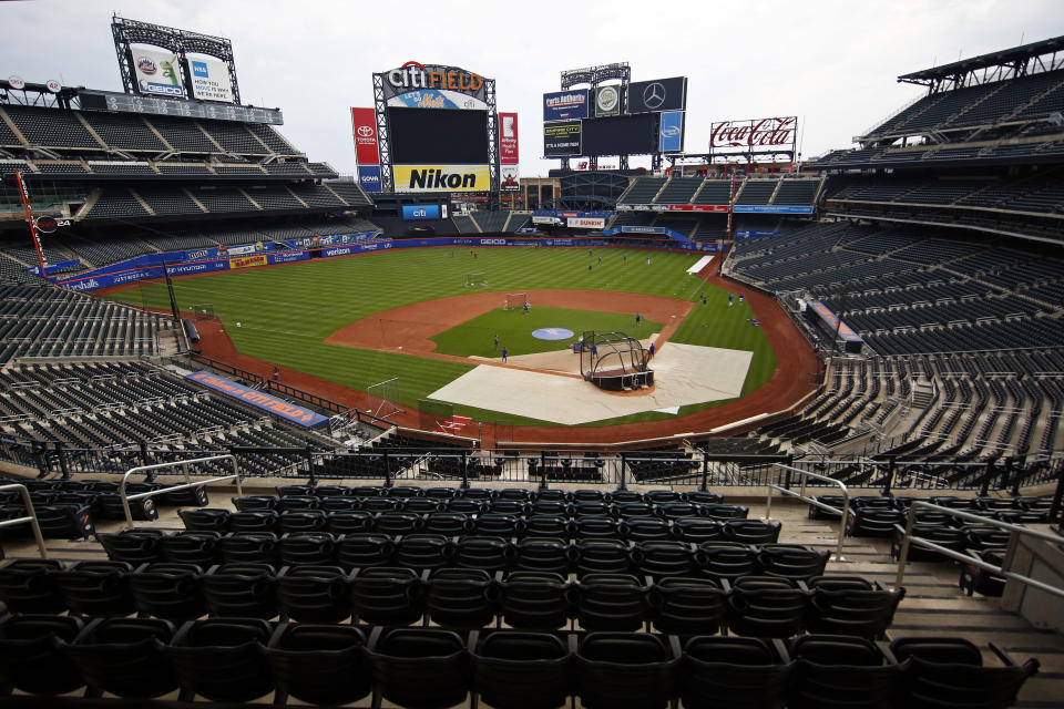 The New York Mets baseball team holds a workout at Citi Field in New York, Friday, July 3, 2020. (AP Photo/Adam Hunger)