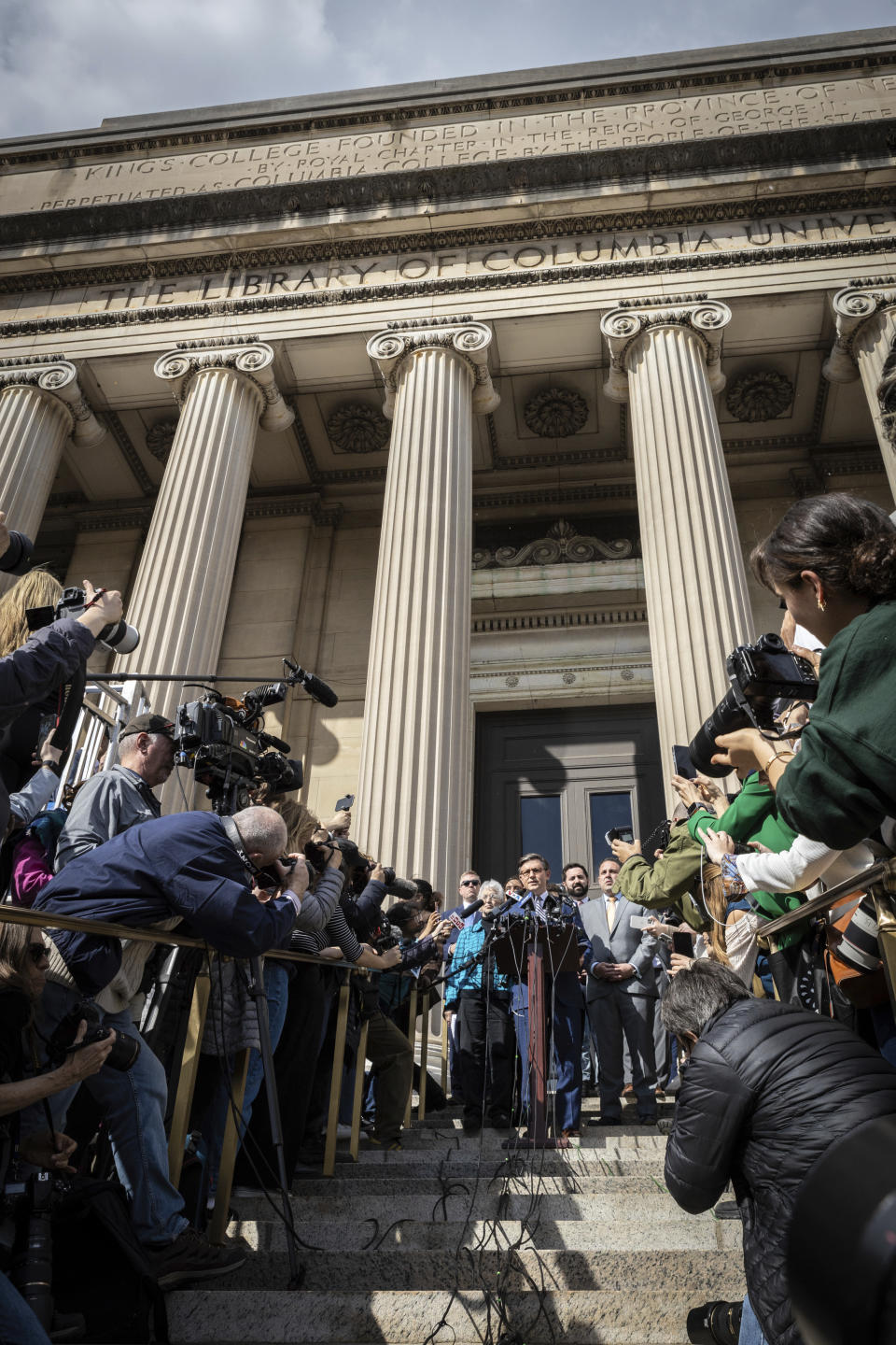 Speaker of the House Mike Johnson (R-LA) speaks to the media on the Lower Library steps on Columbia University's campus in New York on Wednesday April 24, 2024. (AP Photo/Stefan Jeremiah)